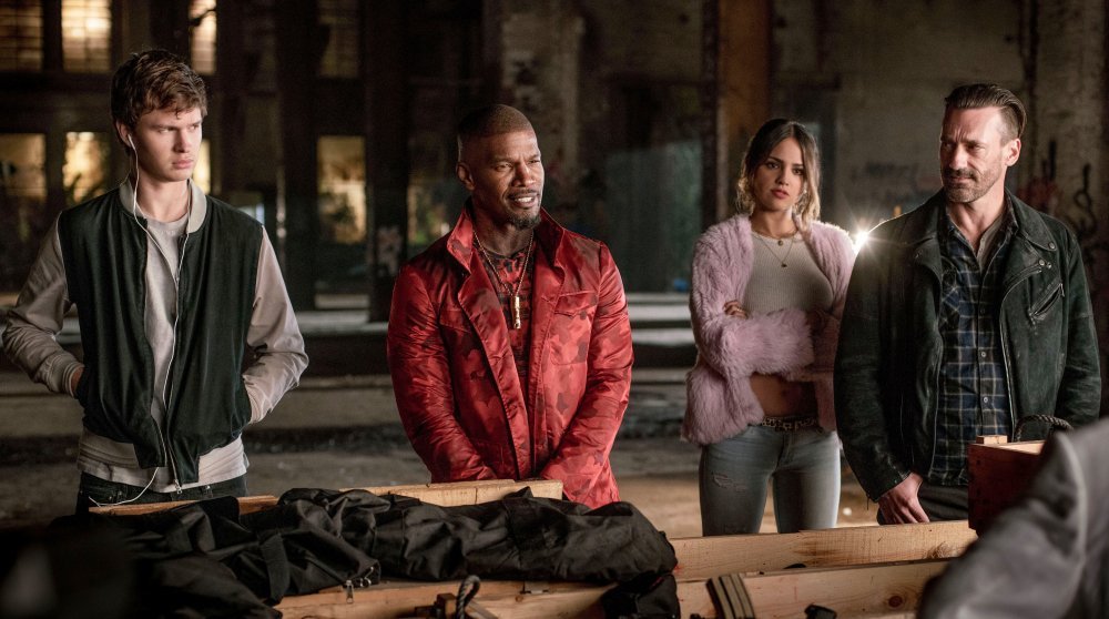 BABY DRIVER, FROM LEFT, ANSEL ELGORT, JAMIE FOXX, EIZA GONZALEZ, JON HAMM, 2017. PH: WILSON WEBB.